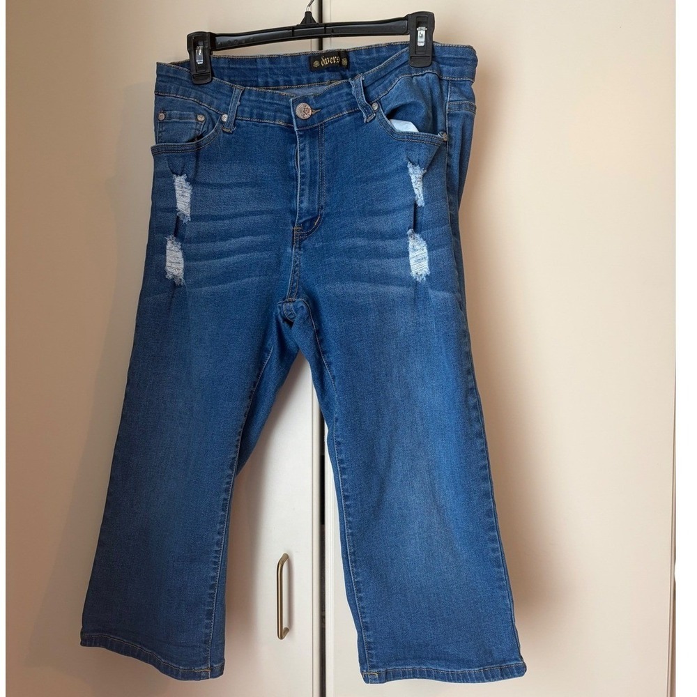 Y2K Distressed Cropped Jeans Medium Wash Denim flare Capris Plus Size 16W